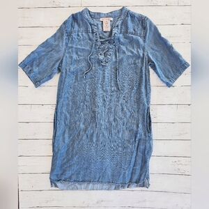 Philosophy Blue Denim Half Sleeve Pullover Midi Dress Lace Up V Neck w/Pockets